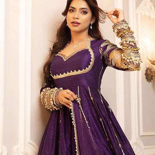 Purple Embroidered Gown with Dupatta in Blooming Vichitra