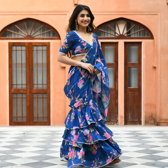 Blue Floral Fusion Saree