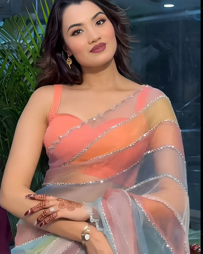 Aanya Inspired Multi Colour  Soft Tissue Silk Saree with Handmade Cutwork Laces