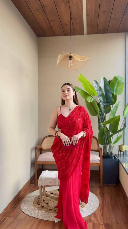 Hand Red Lahenga Saree for The Modern Muse