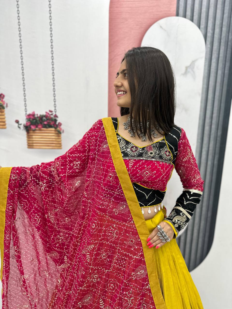 this lehenga is made for the queen of the garba floor.