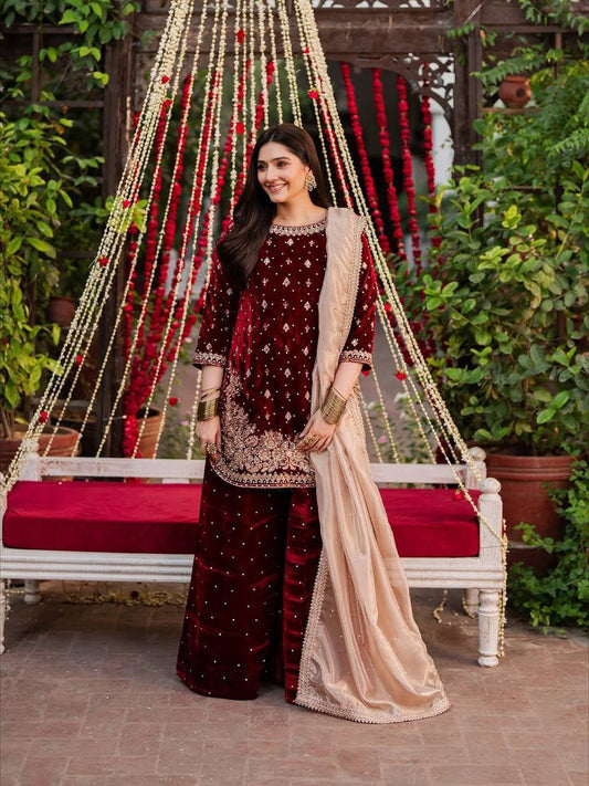 Maroon Velvet Zari Embroidered Sharara Set