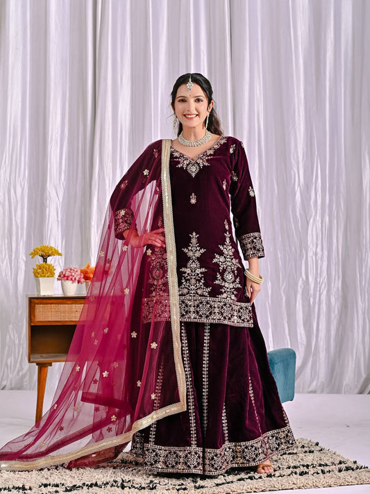 Arzoo Velvet Embroidered Sharara Set