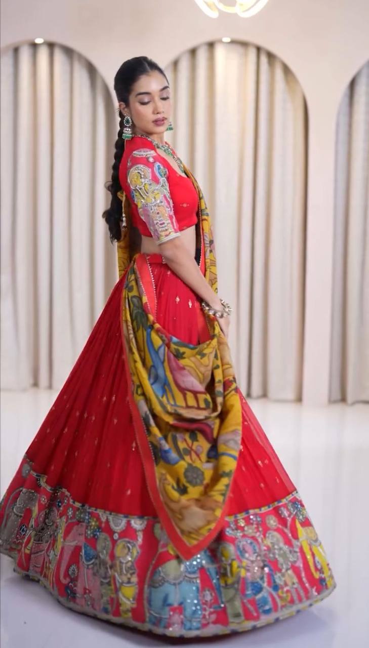 Kalamkari Print With Embroidery Work Lehenga Choli