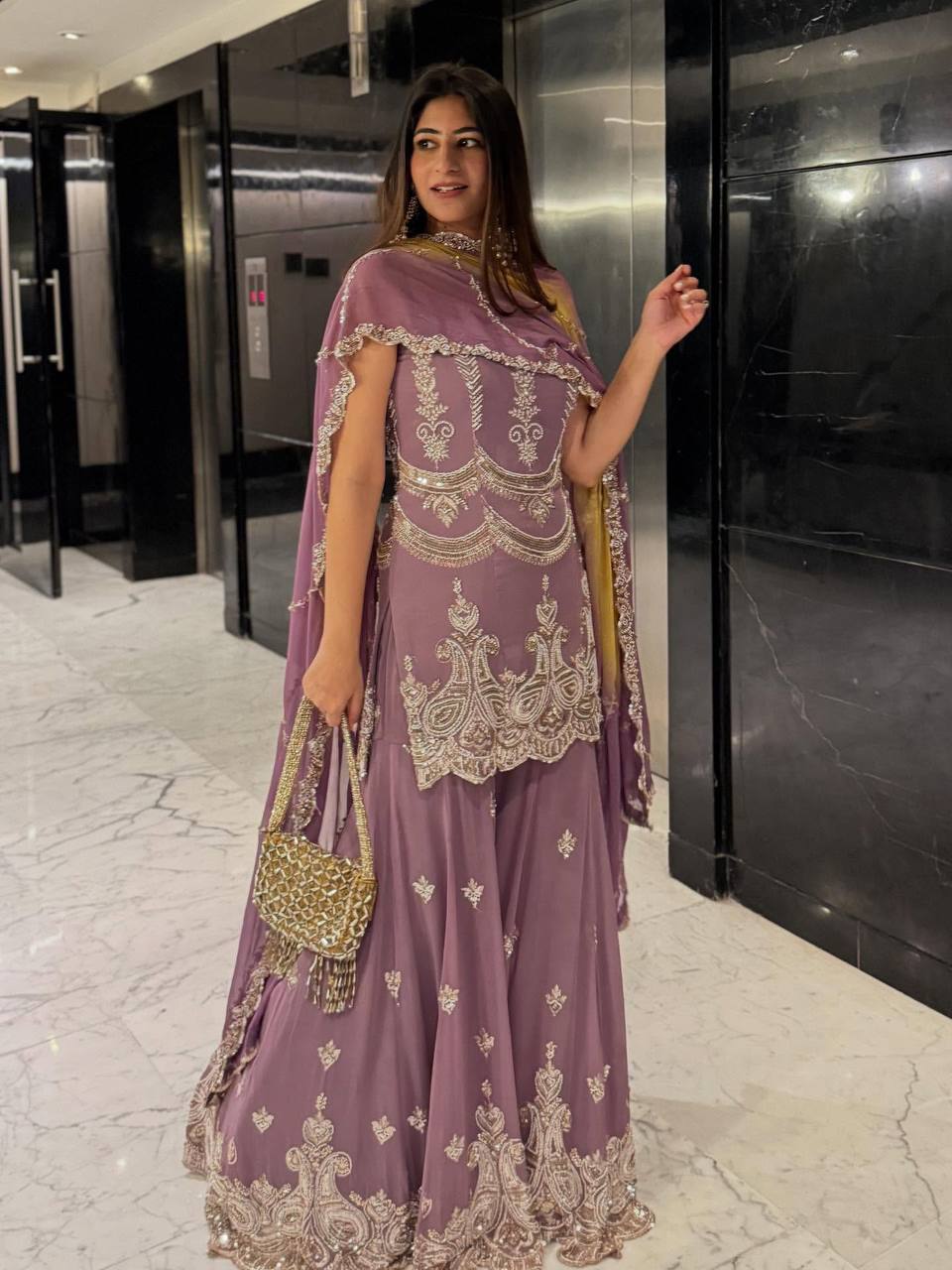 Lavender Embroidered Georgette Sharara Set