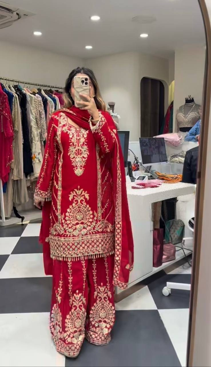 Royal Red Heavy Embroidered Palazzo Suit Set