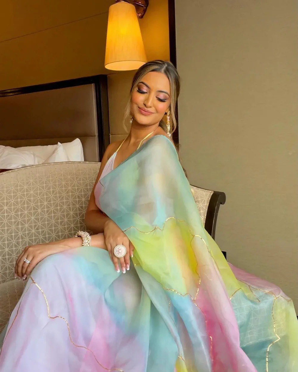 Aarohi Pastel Multicolor Organza Saree with Golden Detailing