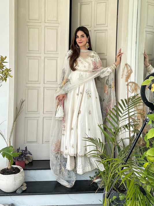 Sunehri Classic White Blooming Anarkali Suit with Embroidered Dupatta