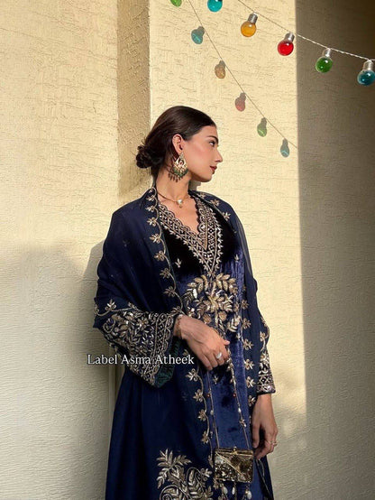 Zimal Royal Blue Embroidered Suit Set