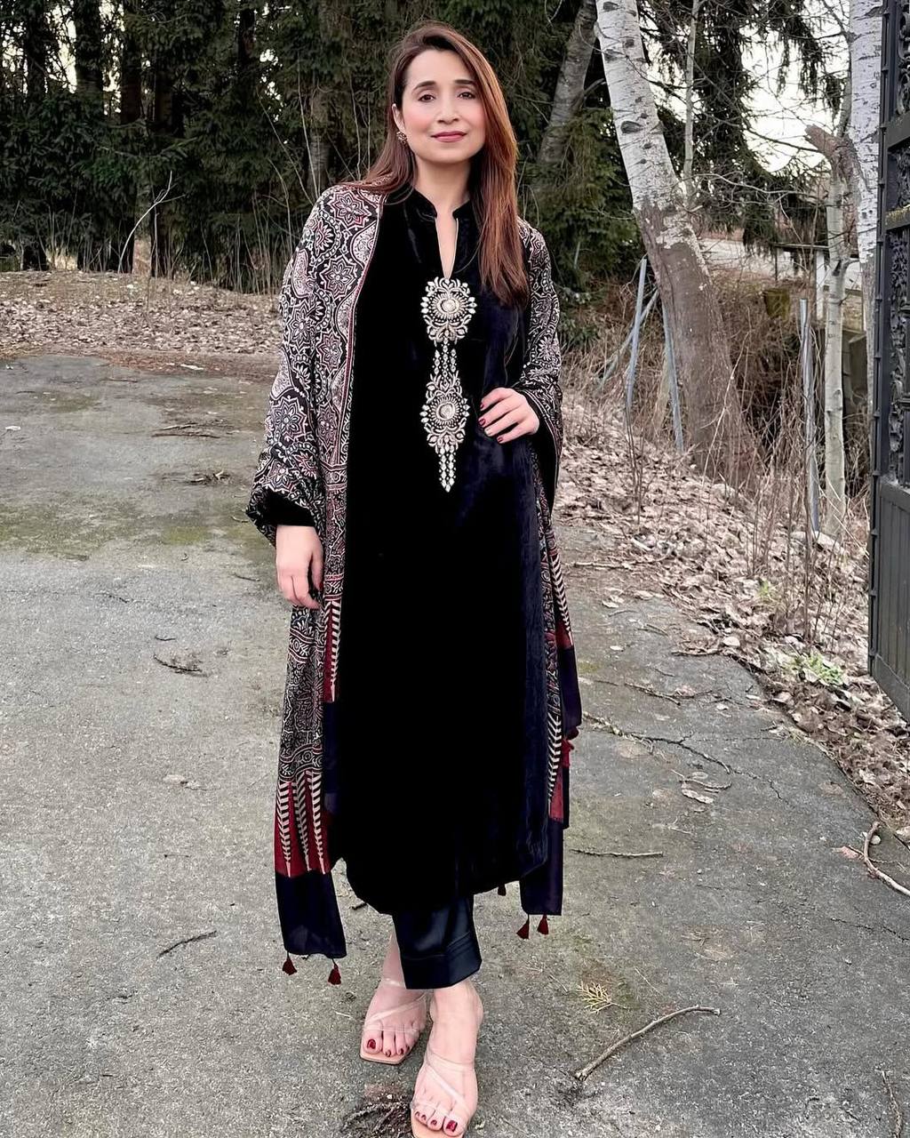 Kainaat Elegant Velvet Detailed Kurta with Designer Dupatta