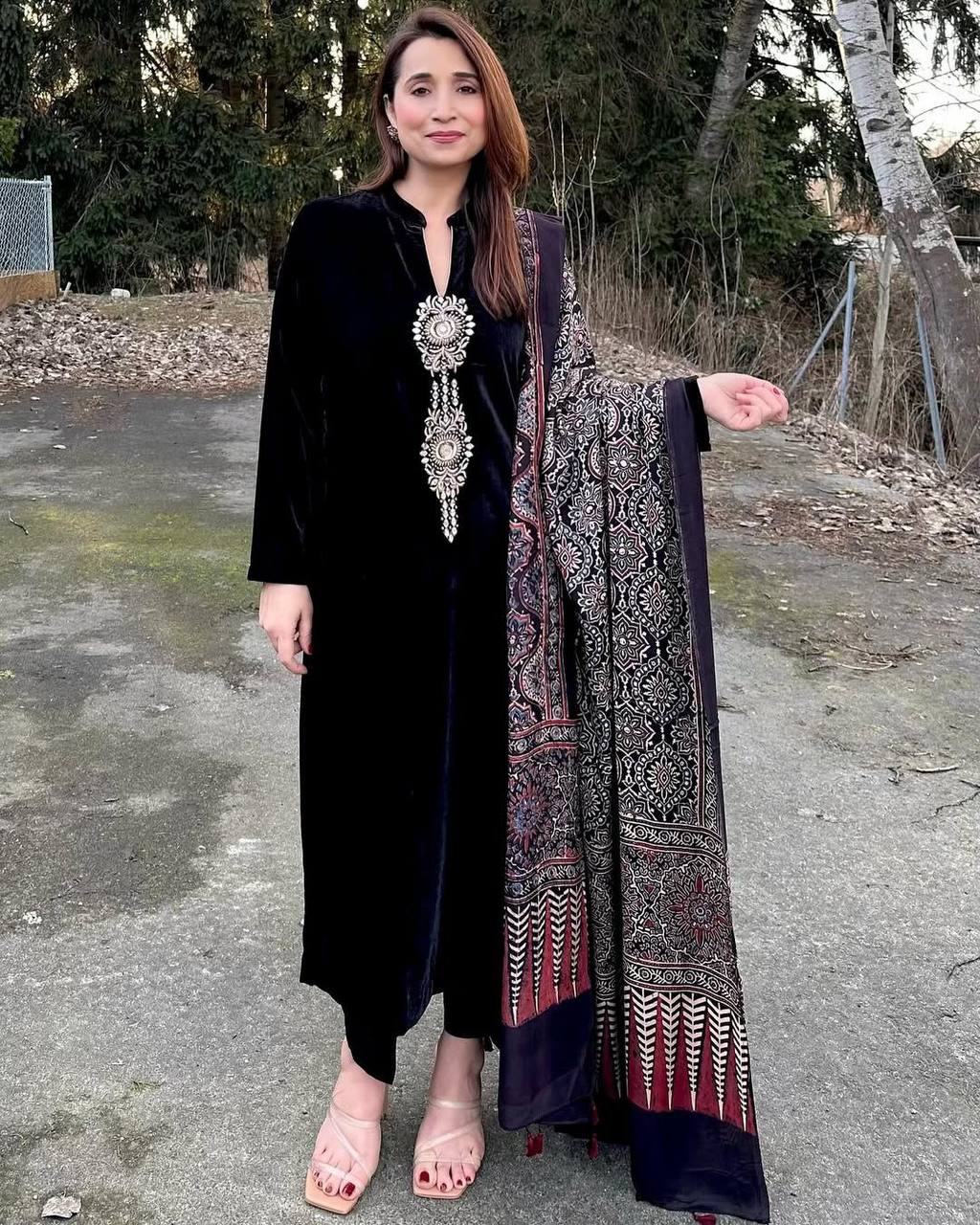 Kainaat Elegant Velvet Detailed Kurta with Designer Dupatta