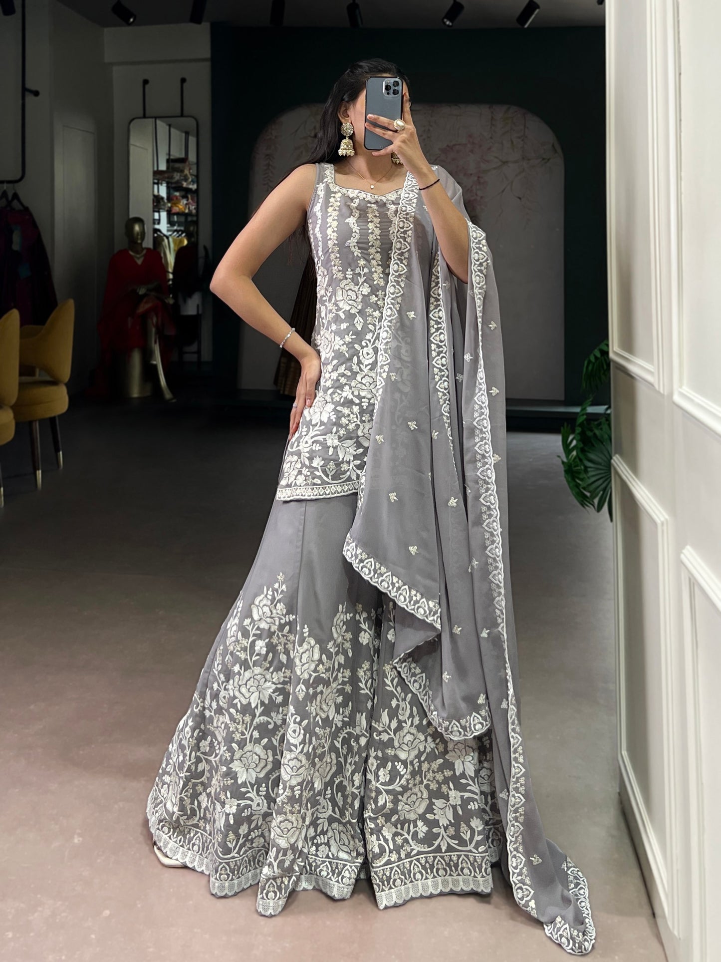 Smriti Mystic Grey Georgette Sharara Suit