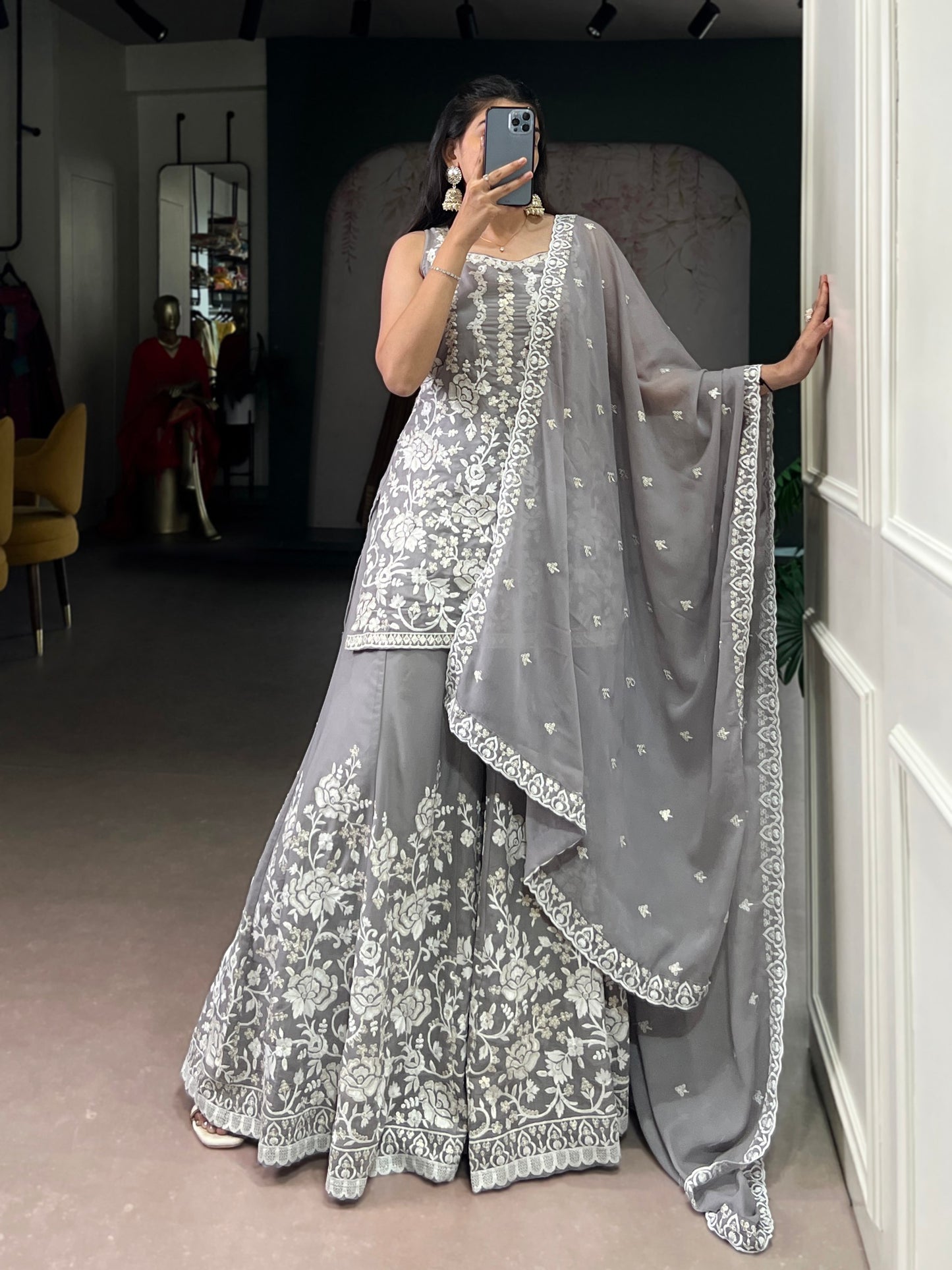 Smriti Mystic Grey Georgette Sharara Suit