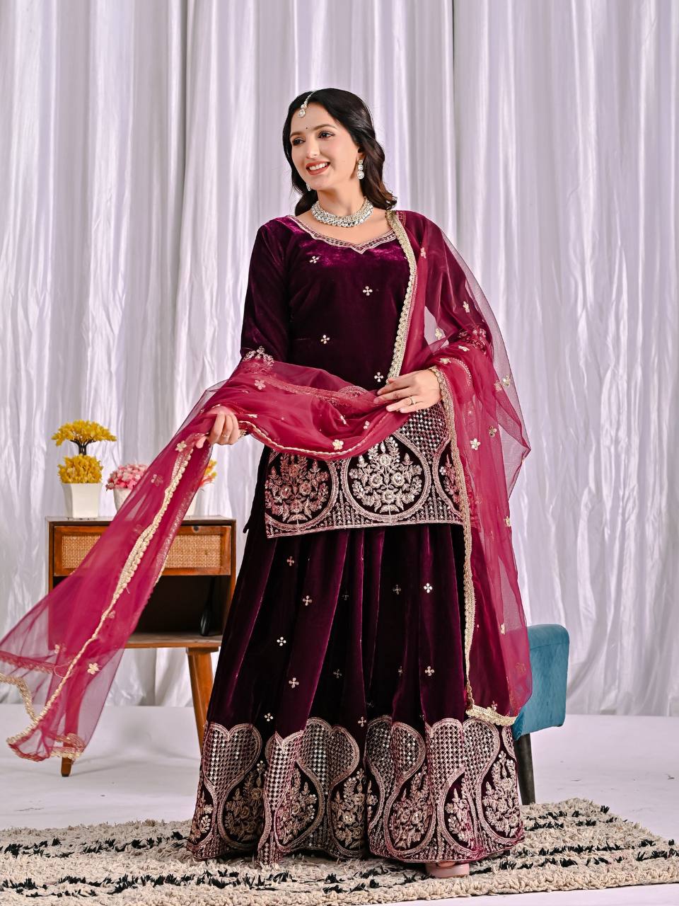 Naysa Sapphire Bloom Embroidered Velvet Sharara Set