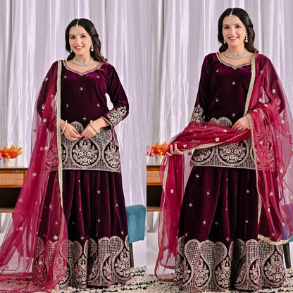 Naysa Sapphire Bloom Embroidered Velvet Sharara Set