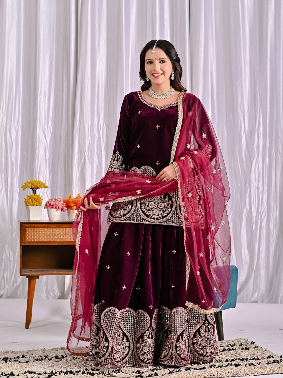 Naysa Sapphire Bloom Embroidered Velvet Sharara Set
