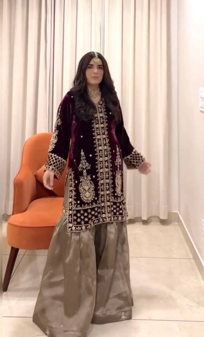 Afroza Heritage Cream–Brown Floral Sharara Suit