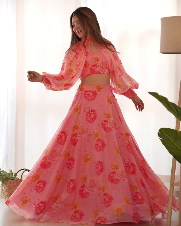Blush Bloom Multi Floral Organja Fabric Lehengha Choli