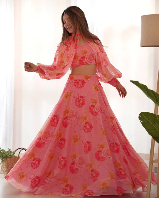 Blush Bloom Multi Floral Organja Fabric Lehengha Choli