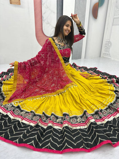this lehenga is made for the queen of the garba floor.
