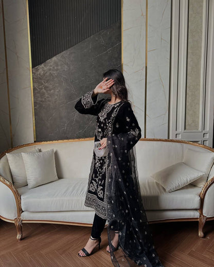 Black Royal Zari Velvet Attire"