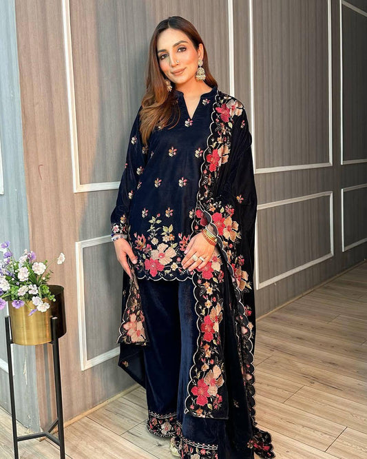Empress Navy Blue Velvet Embroidered Suit
