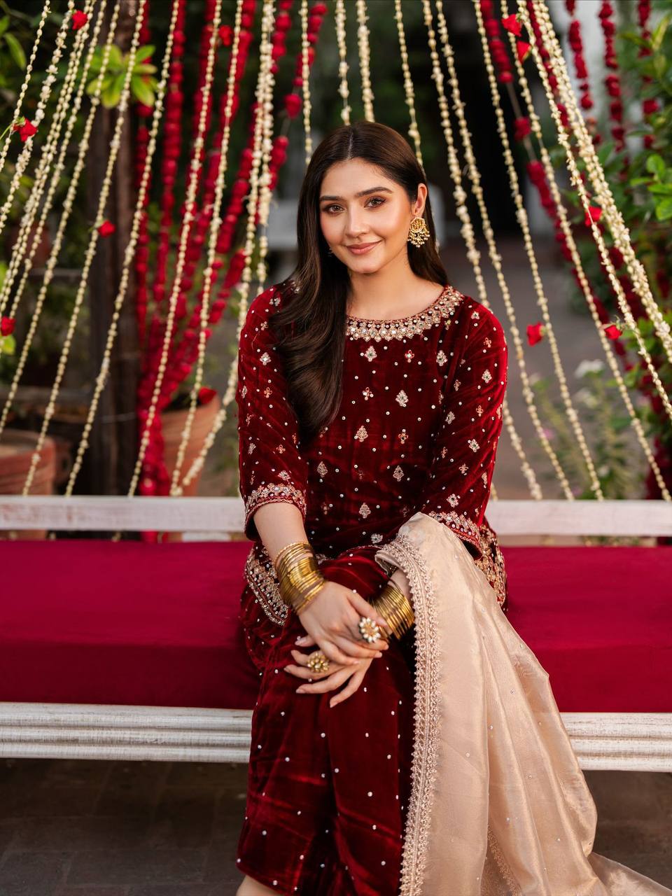 Maroon Velvet Zari Embroidered Sharara Set