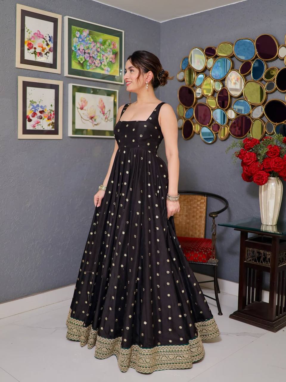 Venisa Black Embroidered Ladies Gown Set