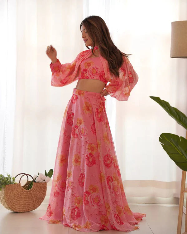 Blush Bloom Multi Floral Organja Fabric Lehengha Choli