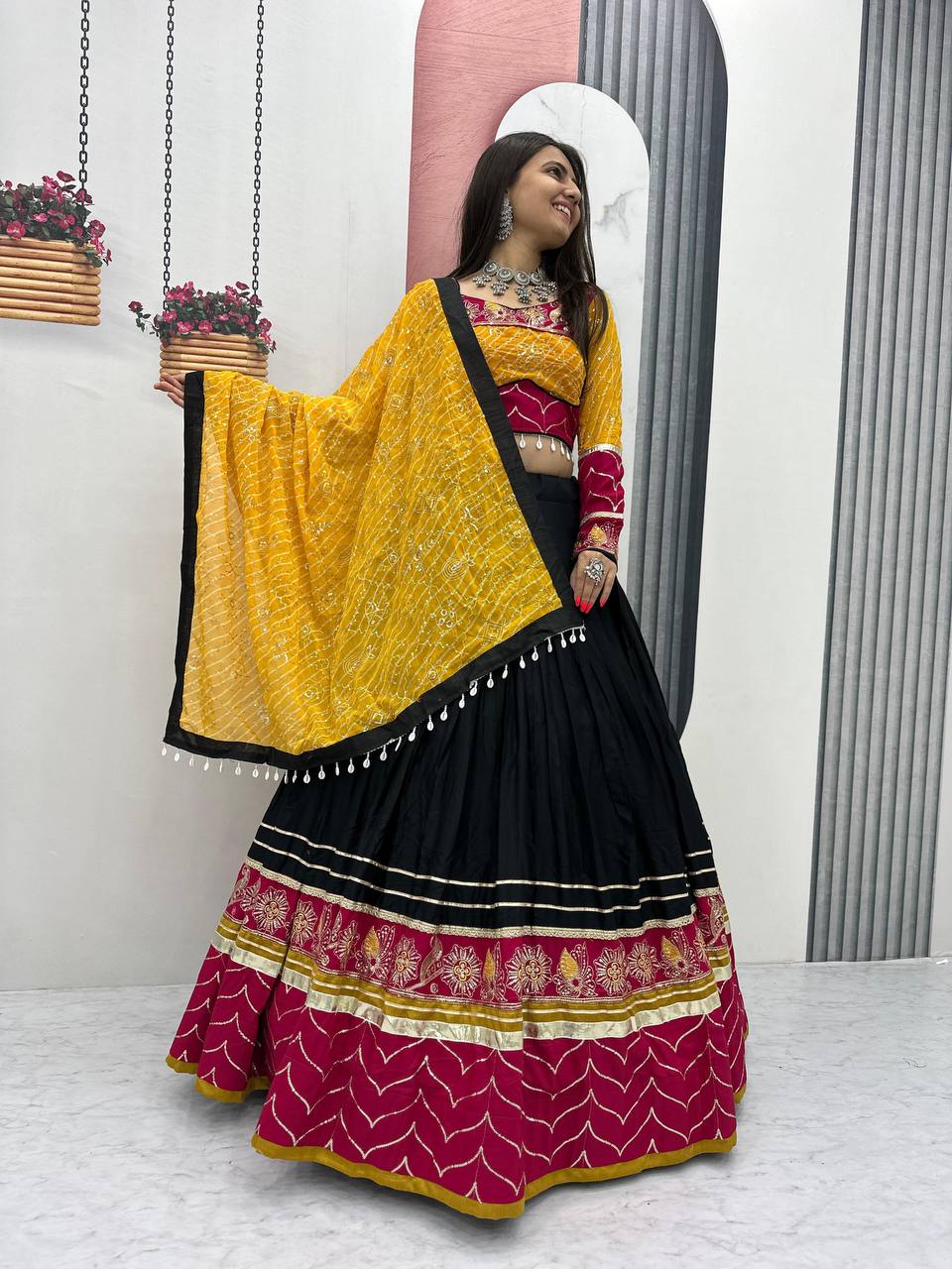 this lehenga is made for the queen of the garba floor.