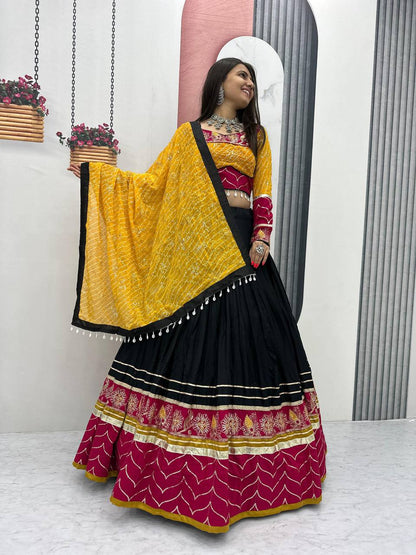 this lehenga is made for the queen of the garba floor.