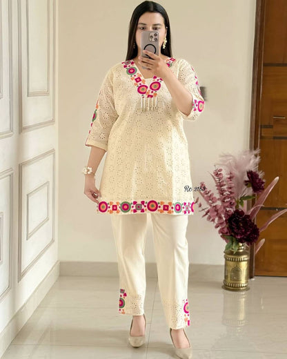 Ivory Charm Mirror-Thread Kurta Set with Vibrant Geometric Accents