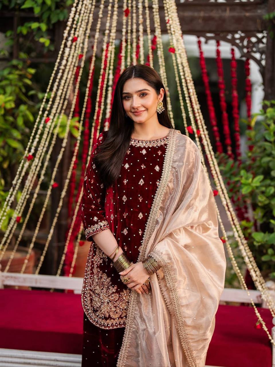 Maroon Velvet Zari Embroidered Sharara Set