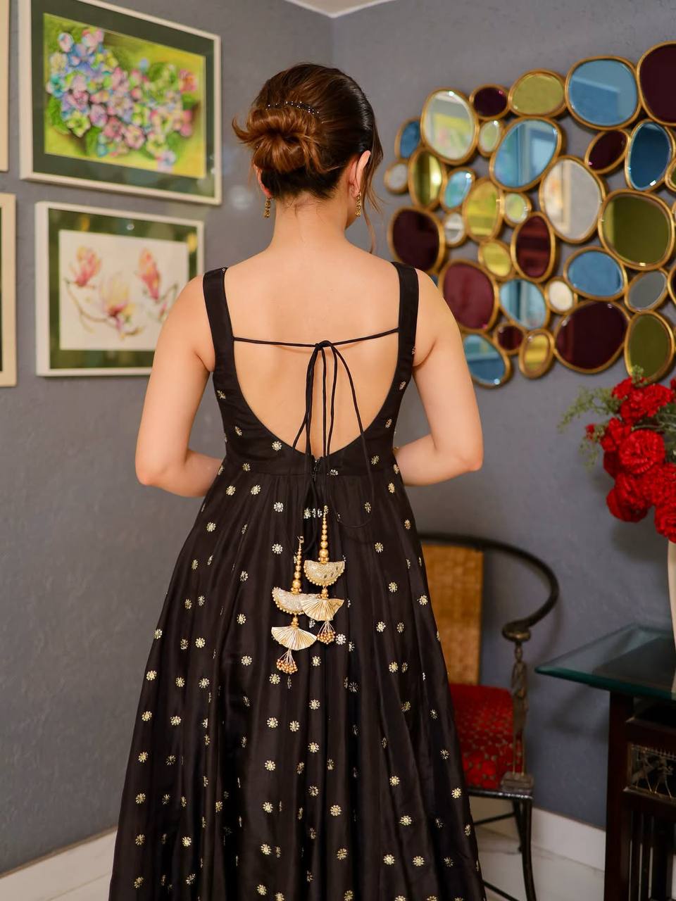 Venisa Black Embroidered Ladies Gown Set