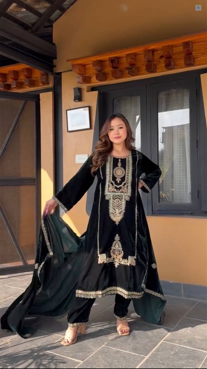 Aaradhya Velvet Embroidered Sharara Set