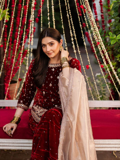 Maroon Velvet Zari Embroidered Sharara Set