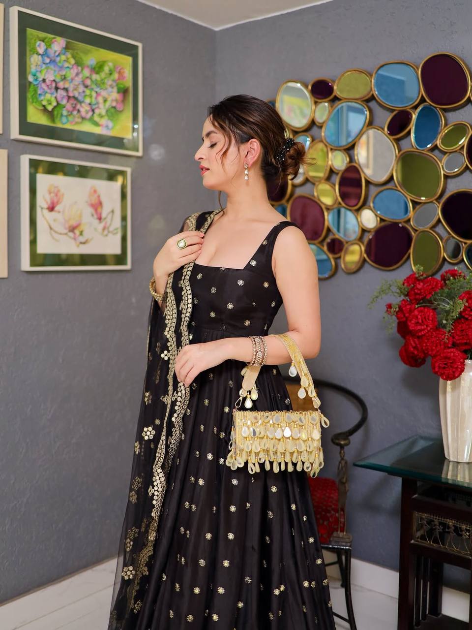 Venisa Black Embroidered Ladies Gown Set