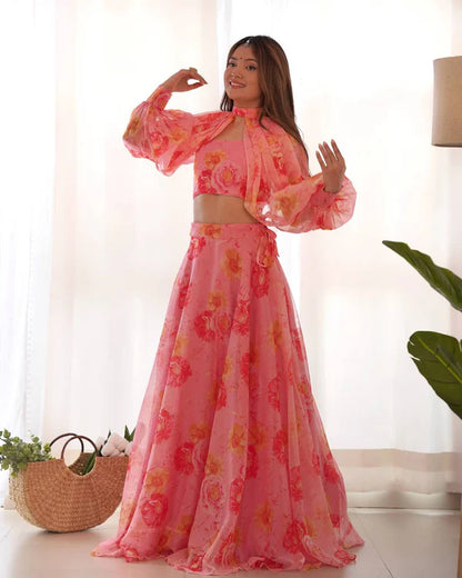 Blush Bloom Multi Floral Organja Fabric Lehengha Choli