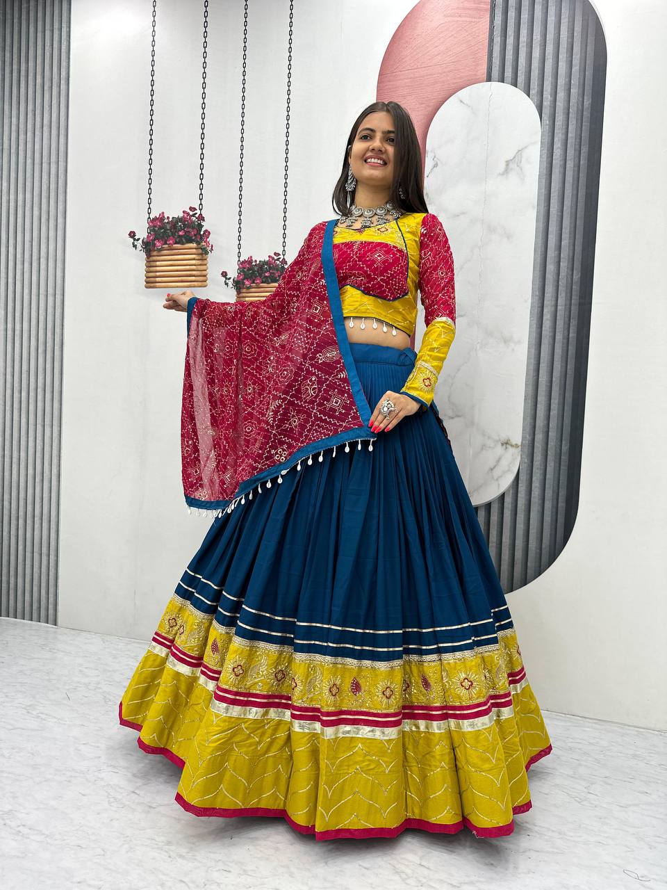 this lehenga is made for the queen of the garba floor.