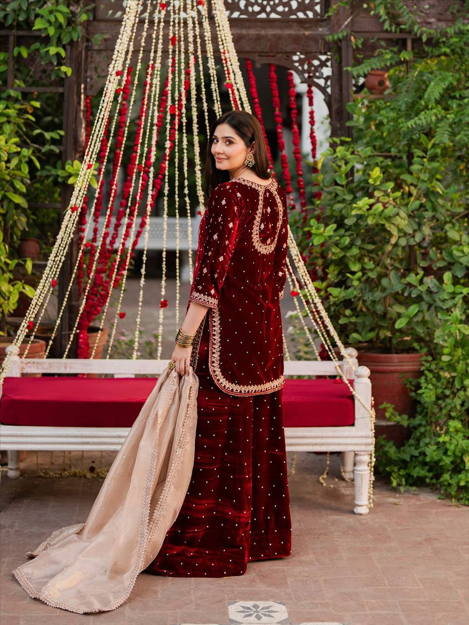 Maroon Velvet Zari Embroidered Sharara Set