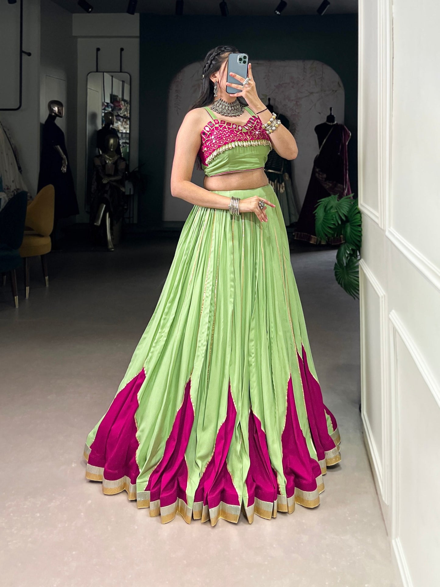 RangReza Lime Green with Gotta Patti Lace Magenta Flair Lehenga Choli