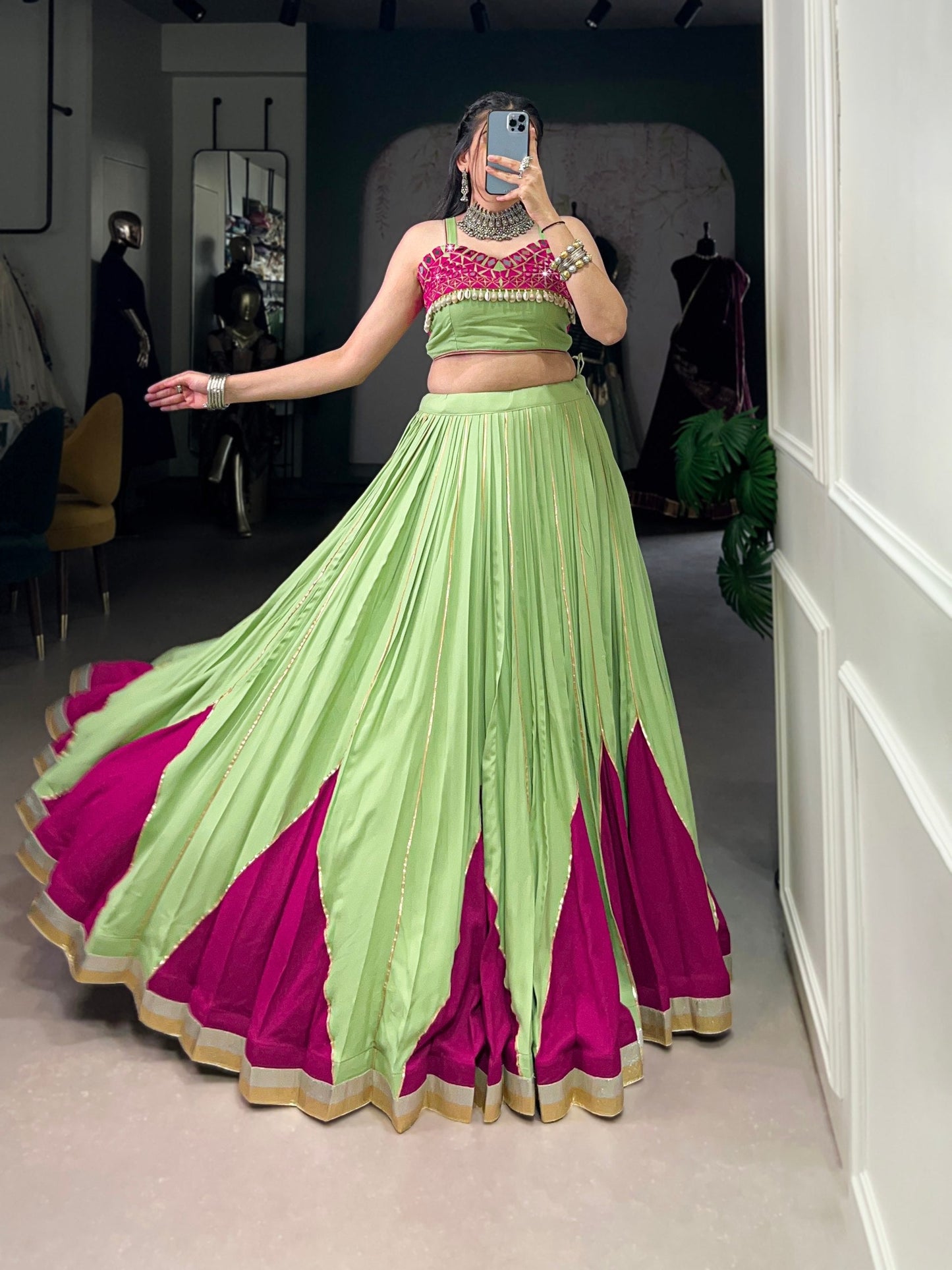 RangReza Lime Green with Gotta Patti Lace Magenta Flair Lehenga Choli