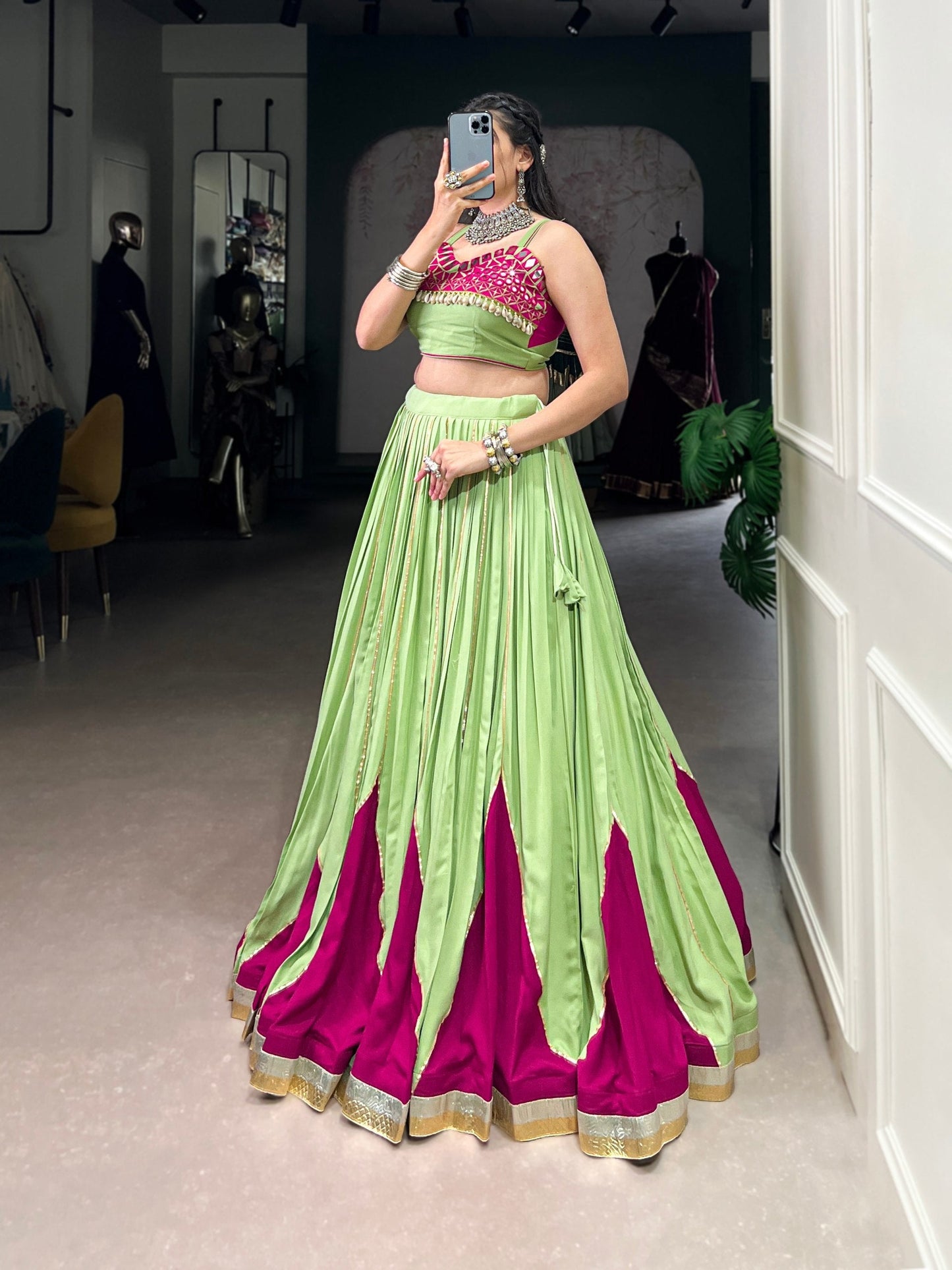 RangReza Lime Green with Gotta Patti Lace Magenta Flair Lehenga Choli