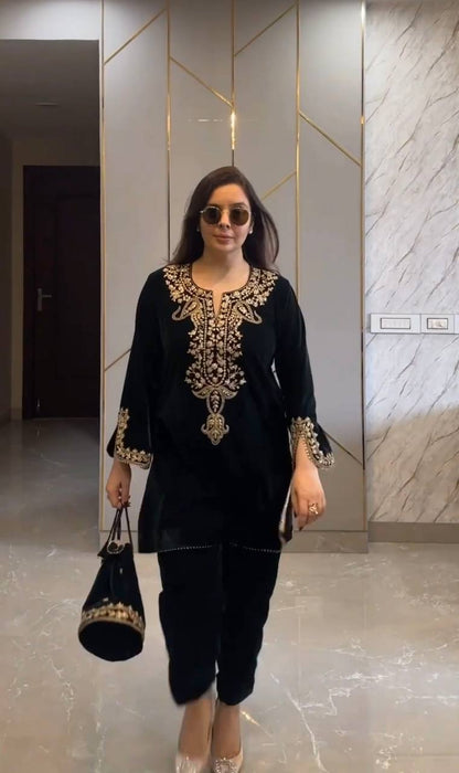 Mehira Opulent Velvet Embroidered Kurti Suit Set