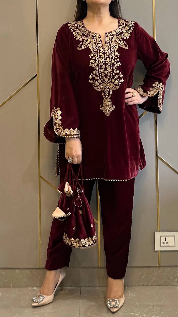 Mehira Opulent Velvet Embroidered Kurti Suit Set