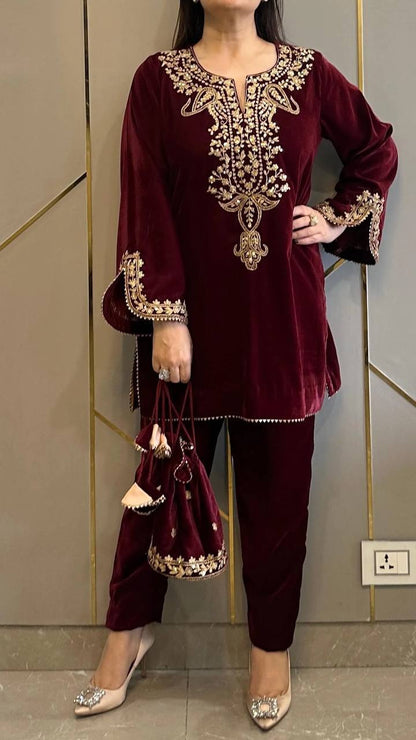 Mehira Opulent Velvet Embroidered Kurti Suit Set