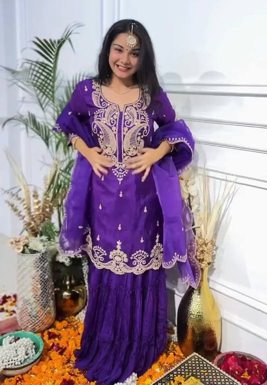 Purple Floral Fantasy Sharara Suit for Special Occasions