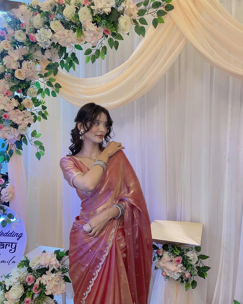 EXCLUSIVE DIAMOND WORK SAREE WITH PEARL MOTI & CUT-WORK BORDER