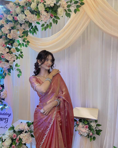 EXCLUSIVE DIAMOND WORK SAREE WITH PEARL MOTI & CUT-WORK BORDER