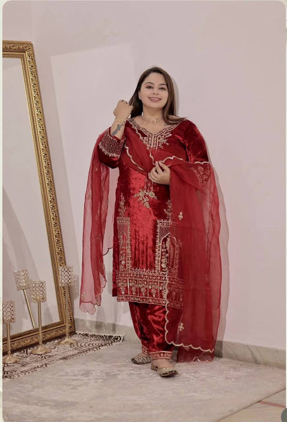 Imperial Red Velvet Embroidery Art Suit
